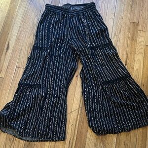 Flowy Black/Beige Wide Leg Boho Pants w/ crochet details (rip in hem of one leg)
